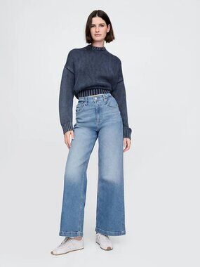 Gap High Rise Stride Wide-Leg Ankle Jeans 33R Medium Indigo High Waisted Denim
